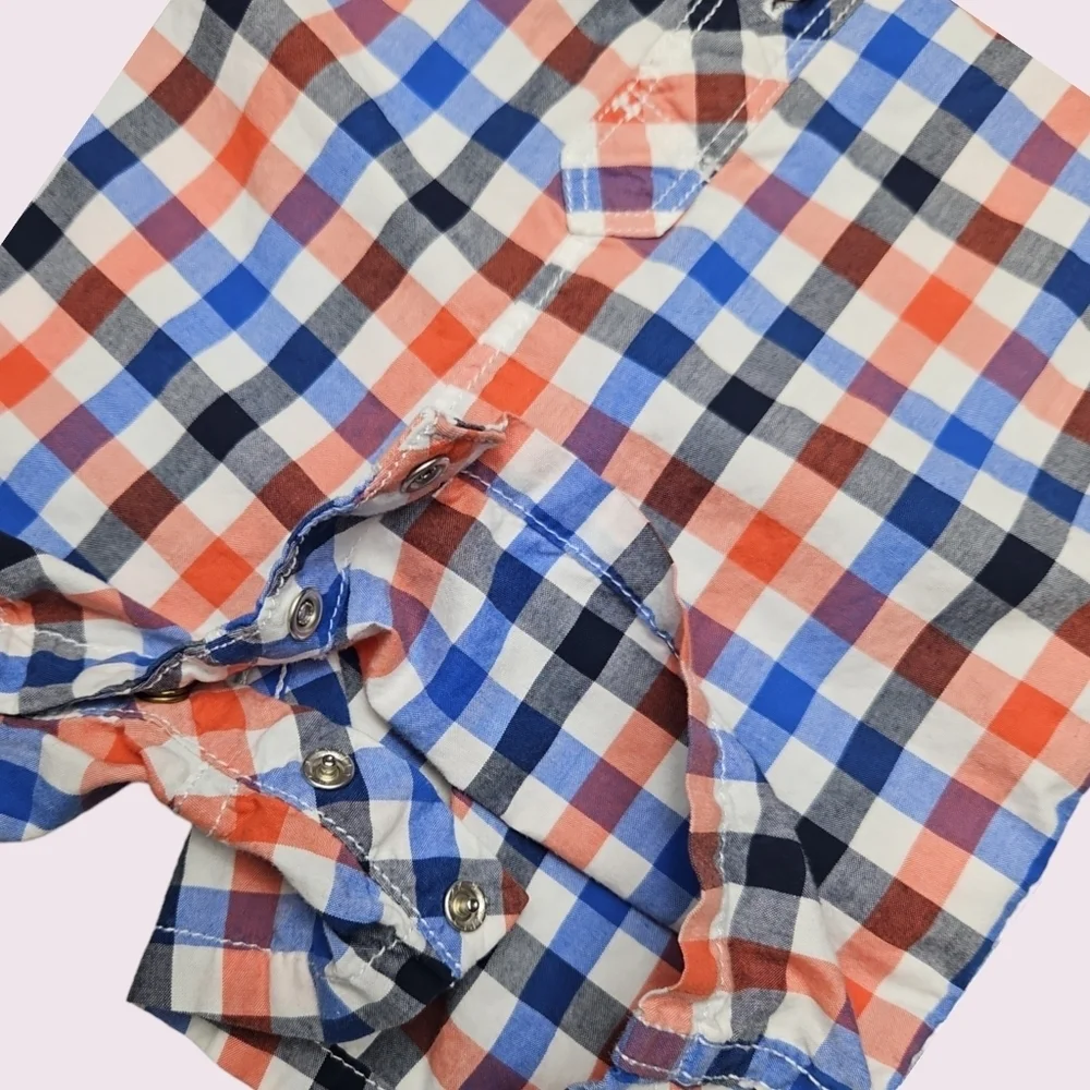 GAP Baby Boy Blue Orange Plaid Romper Shorts Size 6-12 Months